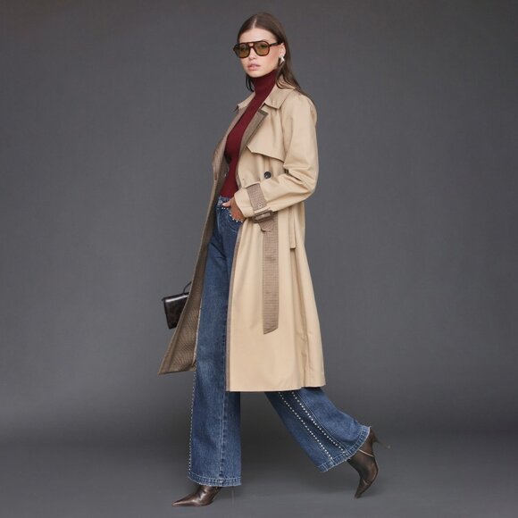 New Avec Les Filles Plaid Contrast Trim Trench Coat Tan XS $228 - Picture 1 of 7